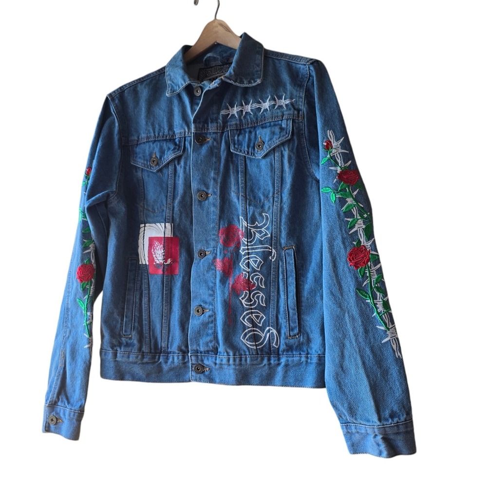 Brooklyn Cloth Jean Jacket SM Blessed Embroidered Artsy Streetwear Skater Grunge